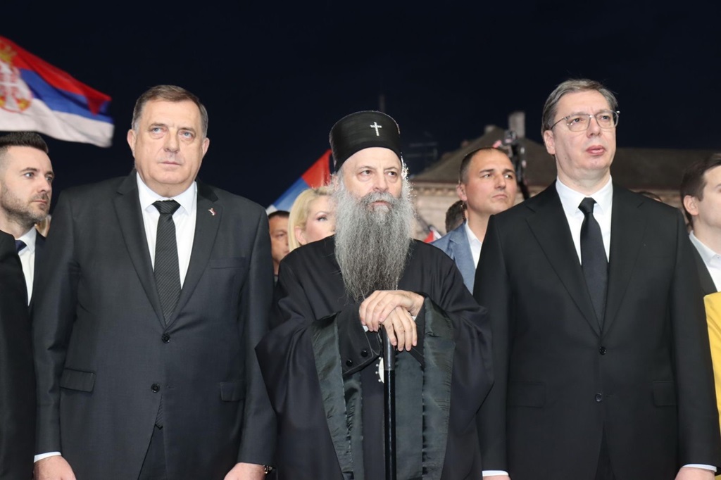 Милорад Додик, патријарх Порфирије и Александар Вучић Милорад Додик, патријарх Порфирије и Александар Вучић